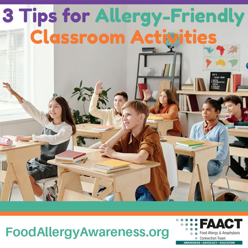 Children sitting at desks in a classroom text reads three tips for allergy-friendly classroom activities